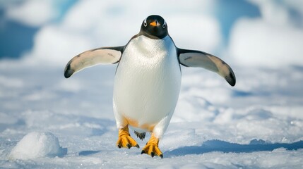 Fototapeta premium A penguin walking on snowy ground with its wings outstretched.