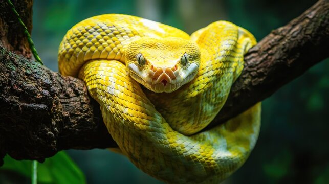 A yellow snake coiled on a tree branch.
