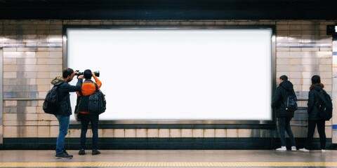 Fototapeta premium Subway station scene. People viewing blank billboard. Dark tunnel walls, platform visible. Minimalist composition, urban setting.