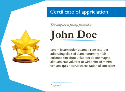 Blue Corporate Certificate of Appreciation Template with Gold Star Award Design
