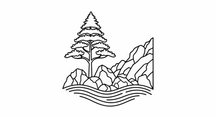 Pine tree on rocky shore with flowing water illustration