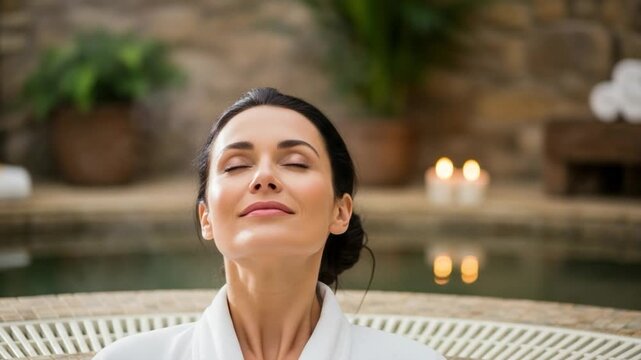 Serene brunette woman with closed eyes experiencing mindful hydrotherapy at a luxury thermal spa