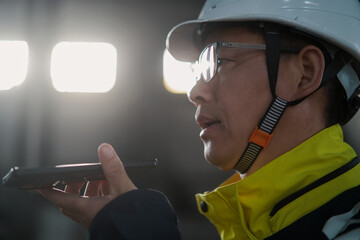 A male worker wearing a safety helmet and glasses is speaking into a handheld device at an industrial site © zhu difeng
