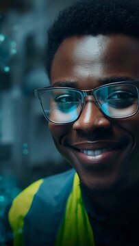 Vertical video: Close framing drawing man's smile in safety vest at rack, glasses reflecting blue