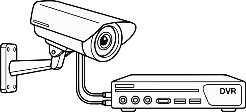 Line drawing of a CCTV camera and DVR system on a white background
