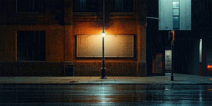 Dark city street scene. Rain falls upon wet pavement, illuminated by single lamp post. Brick building glows warmly. Quiet, moody atmosphere.