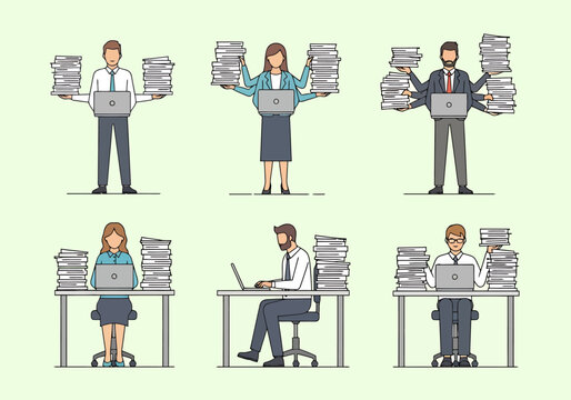 Busy Professionals Juggling Documents and Laptops Showing Workload Management and Efficiency in Office Environments