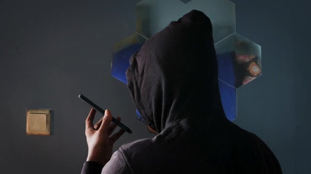 Anonymous spy person or hacker with black hoodie talking on the phone indoors. Standing near a mirror in the room. Mysterious man making phone call conversation with his back to camera. 