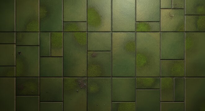 Abstract mossy green ceramic tile texture background with geometric rectangular paneling, weathered architectural wall cladding effect and organic moss growth on matte surface for biophilic interior