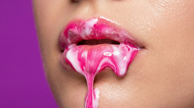 Glossy Lips with Pink Liquid Dripping Beauty Concept
