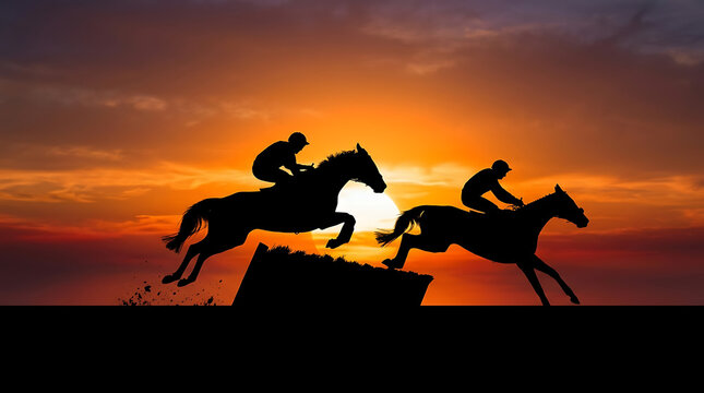Silhouettes of Equestrian Jockeys Jumping Hurdles During a Dramatic Sunset