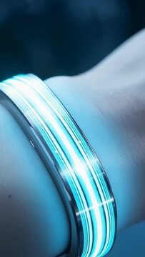 Vertical video: Powering metal smart band emitting pulsing cyan rings on wrist, signaling startup