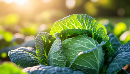 Obraz premium Cabbage Plant Growing in Garden Closeup