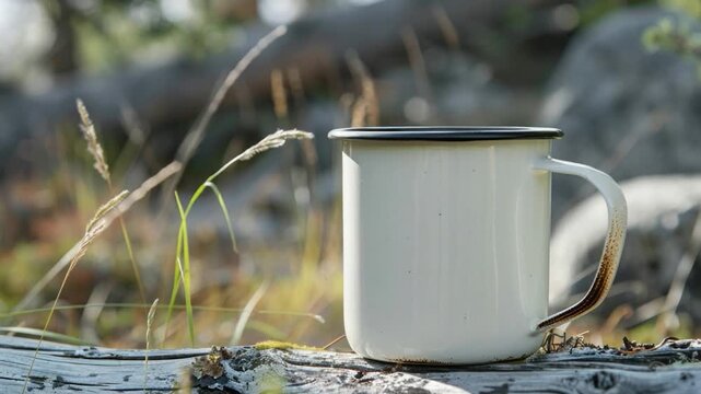 A small white coffee mug sits on top of a rustic log, perfect for outdoor scenes or rustic decor