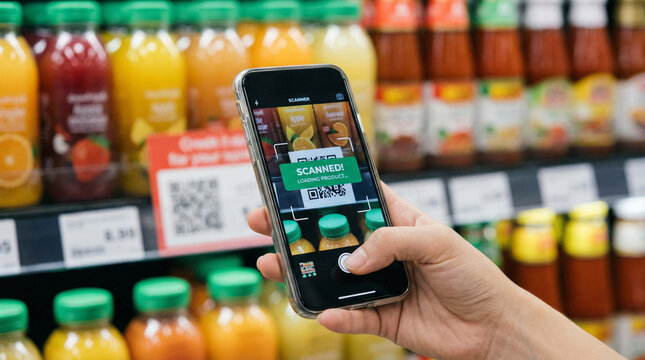Person Scanning QR Code on Supermarket Shelf with Phone