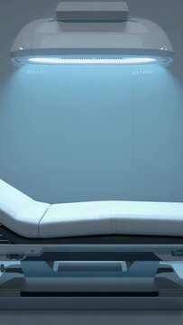 Vertical video: Powering up oval scanner and exam table for calibration in clinic, showing readouts