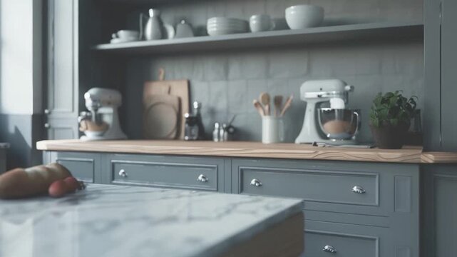 A kitchen countertop with a stand mixer placed on top, perfect for baking and cooking