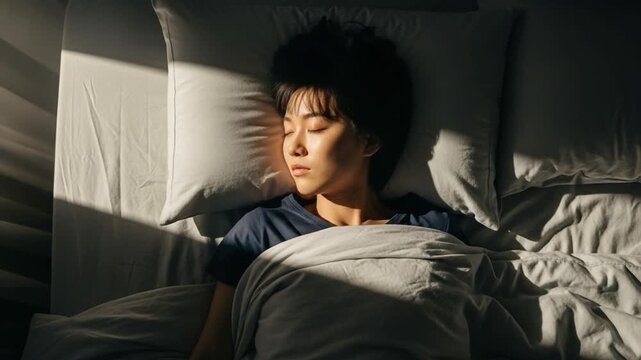 Young Asian woman sleeping in bed with morning sunlight on her face, circadian rhythm wellness