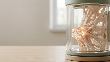 Abstract glowing structure in glass jar on wooden table with soft background lighting