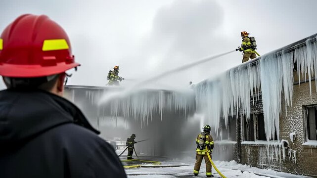 Firefighters in protective gear fighting a structure fire in sub-zero winter conditions