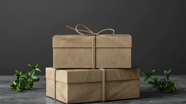 A stack of three brown boxes tied with twine, perfect for storage or decoration