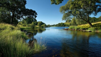 Fototapeta premium A serene river flowing through a lush, green landscape with trees and grass on both sides.
