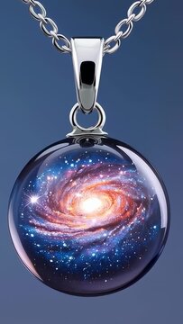Vertical video: Zooming camera showing glass galaxy pendant closer in studio to highlight bail