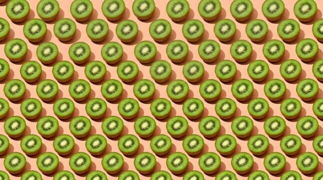 Top view pattern of sliced fresh kiwi fruit arranged on a peach background.