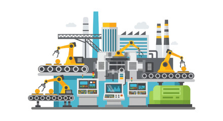 Obraz premium Automated Factory Production Line with Robotic Arms & Conveyor Belts - Modern Industrial Manufacturing Process Illustration
