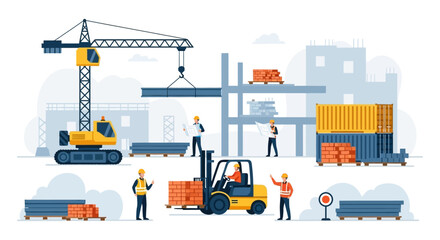 Fototapeta premium Construction Site Building Development with Crane, Forklift, and Workers. Flat Vector Illustration of Engineering and Teamwork in Progress.