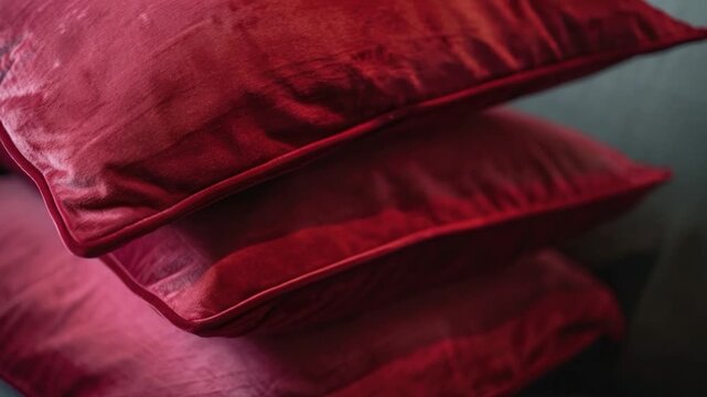 A pile of red pillows on a couch