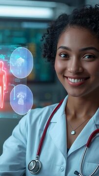Vertical video: Hologram activating MD in lab coat studying scans to diagnose with red steth in lab