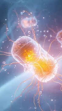Vertical video: Rotating elongated cell glowing orange, responding to fluid flow and trailing cilia