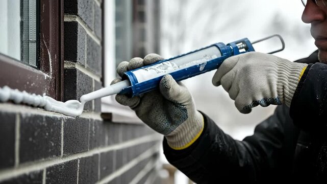 Professional worker applying exterior window sealant for energy efficiency maintenance