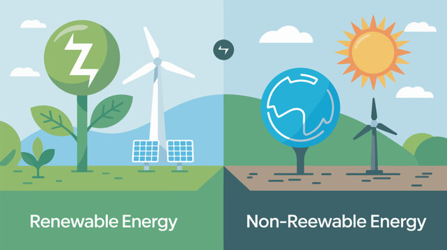 An infographic comparing renewable and non-renewable energy sources with a split earth illustration