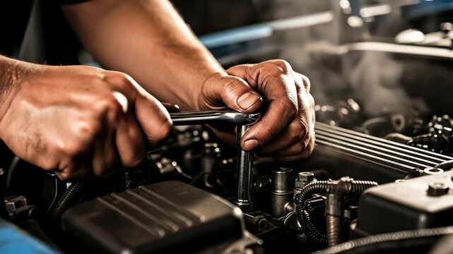 Adult Male Mechanic Restoring Vintage Car Engine with Socket Wrench in Garage