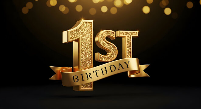 A sparkling golden number 1st with a "BIRTHDAY" ribbon. It is set against a dark background with golden bokeh lights, celebrating a 1st birthday.


