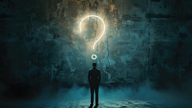 A man contemplating his next step, standing in front of a wall with a question mark symbol