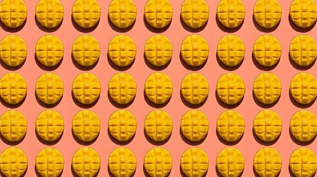 Top view pattern of fresh yellow mango slices arranged on a soft pink background.