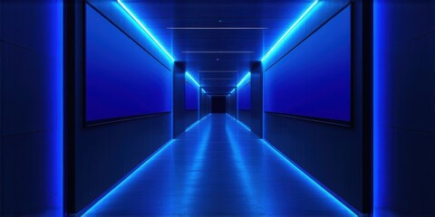 Fototapeta premium Long corridor features bright blue lighting. Walls recede into darkness, creating dramatic perspective. Minimalist design emphasizes linear geometry.