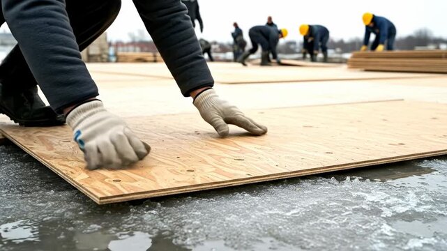 Construction workers installing temporary plywood flooring on icy ground for outdoor winter event