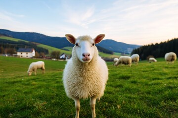Fototapeta premium Curious Sheep in a Lush Green Pasture. Fluffy sheep standing in a vibrant green pasture with a grazing flock and rolling mountains in the background, rural landscape.