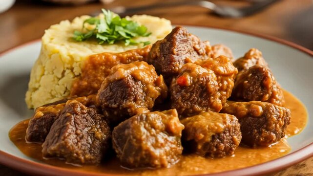 A plate of tender beef stew with rich sauce and a side of fluffy yellow rice garnished with fresh green herbs on a brown-rimmed plate