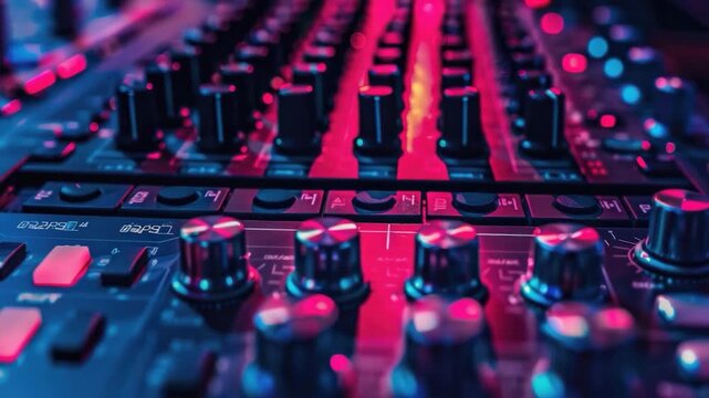 Close-up shot of a mixing board in a professional recording studio