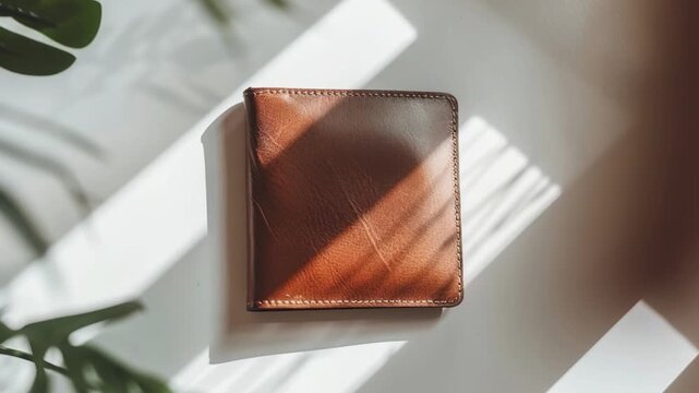 A wallet sits next to a plant on a table, a simple everyday scene