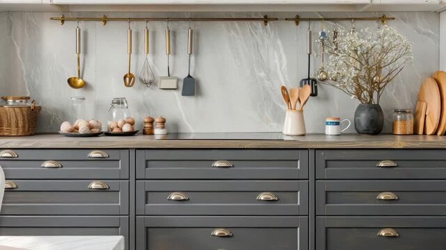 A collection of cooking tools and appliances on a kitchen counter