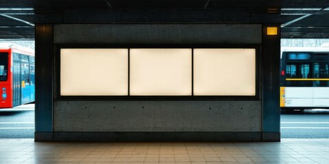 Fototapeta premium Empty billboard sits within dark bus station. Concrete structure contrasts bright white panels. Buses visible, blurred background.