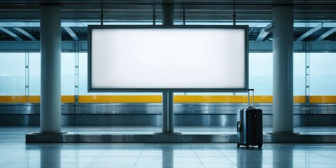 Naklejka premium Empty billboard dominates station interior. Suitcase rests nearby, suggesting travel or abandonment. Cool tones prevail throughout scene.