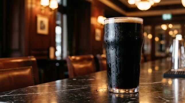 Glass of Dark Stout Beer on a Bar Counter in a Cozy Pub