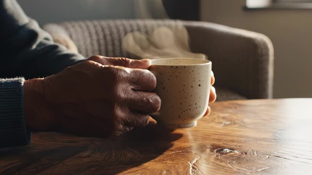 Coffee warmth and relaxation in a cozy home setting with senior man holding steaming mug enjoying peaceful morning ritual Comfort contentment and tranquility with aged hands savoring hot beverage on